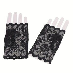 Womens black floral rose lace gloves vintage 40s 50s 60s cut finger one size